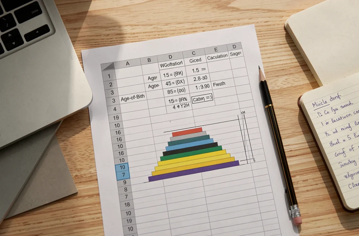 Vue de dessus d'un bureau avec un tableur Excel imprimé montrant des formules de calcul d'âge et une pyramide des âges en graphique à barres