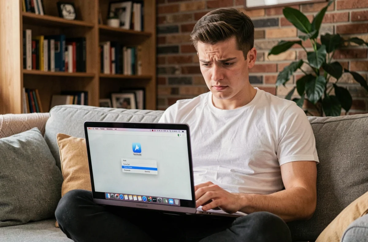 Jeune homme forçant la fermeture d'une application Mac via le menu contextuel du Dock depuis son canapé