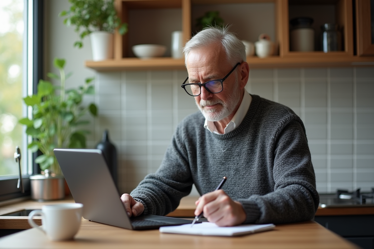 Homme freelance travaillant sur une tablette dans une cuisine chaleureuse