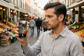 Homme photographiant un marché urbain avec un Google Pixel 8 Pro, comparaison smartphone vs appareil photo dédié