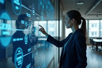 Responsable data pointant un schéma de gouvernance des données sur un écran interactif en entreprise