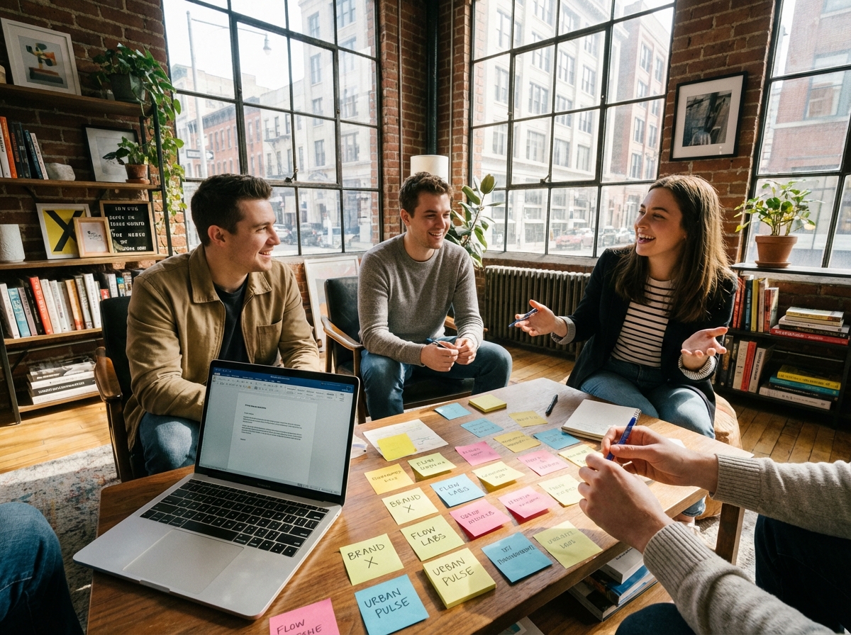 Groupe de jeunes adultes brainstormant autour d une table