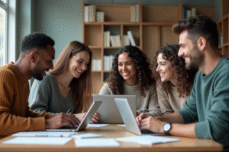 Groupe de jeunes adultes discutant autour d'une table en classe moderne