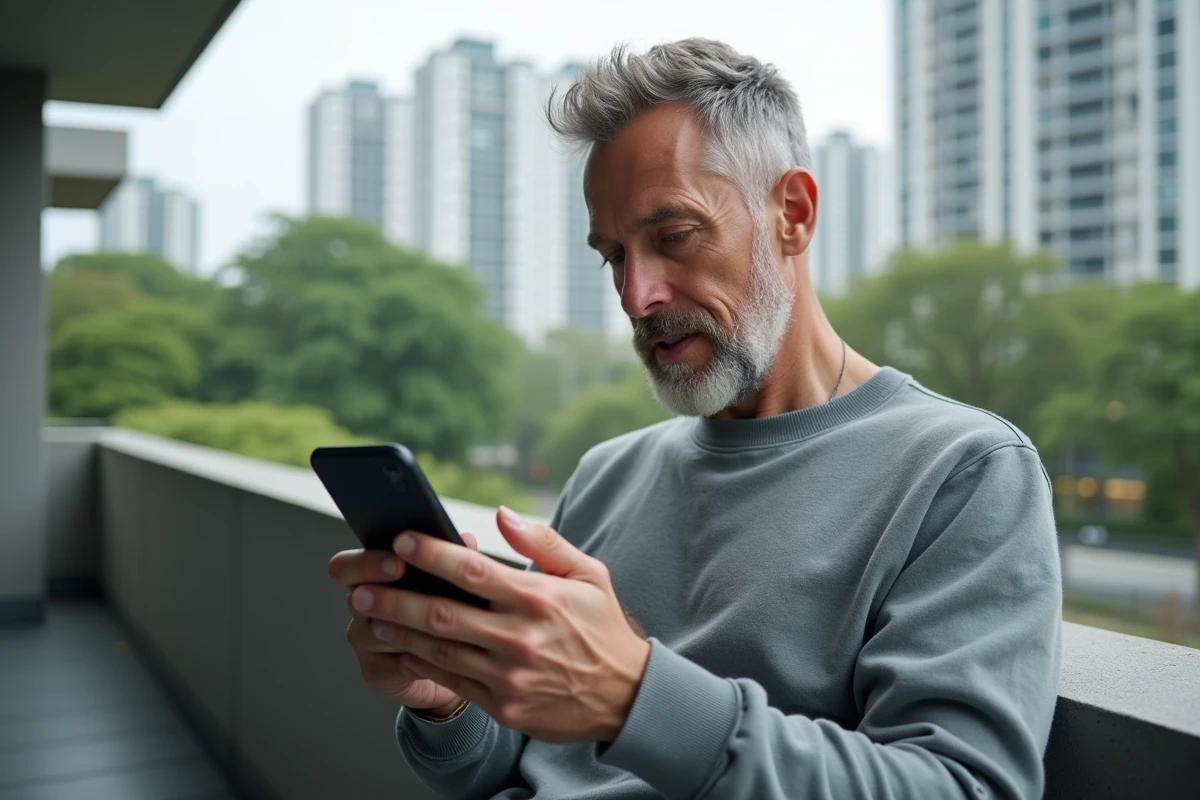 Homme détendu sur un balcon utilisant WhatsApp pour planifier