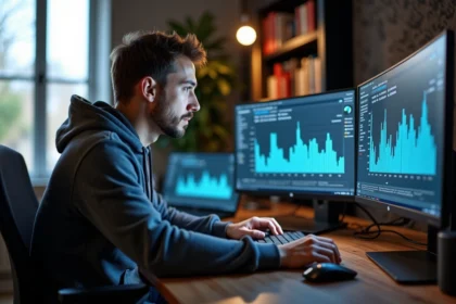 Homme concentré devant deux écrans dans un bureau moderne