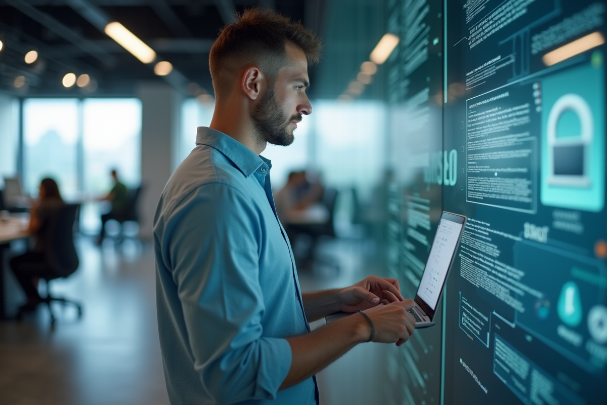 Jeune homme en open space entrant son mot de passe sur son laptop