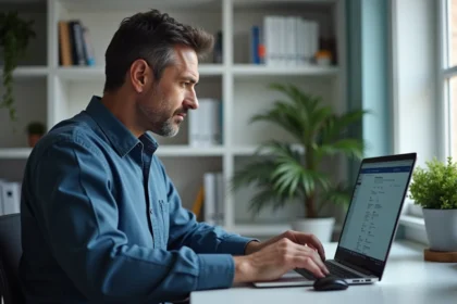 Homme d'âge moyen travaillant sur un ordinateur dans un bureau moderne