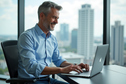 Homme d'âge moyen travaillant sur un ordinateur portable dans un bureau lumineux