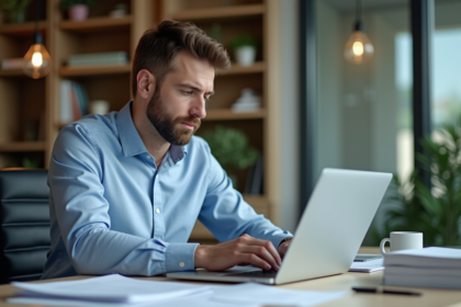 Homme d'âge moyen travaillant sur son ordinateur dans un bureau moderne