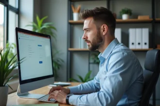 Homme d'affaires concentré changeant son mot de passe au bureau