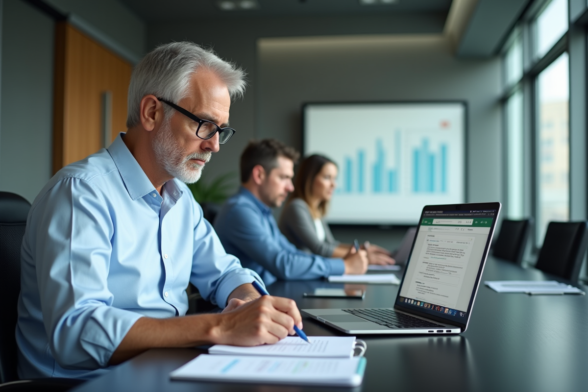 Homme prenant des notes avec un ordinateur en réunion