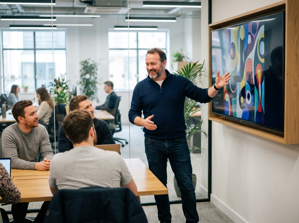 Homme en coworking présentant des images générées par IA