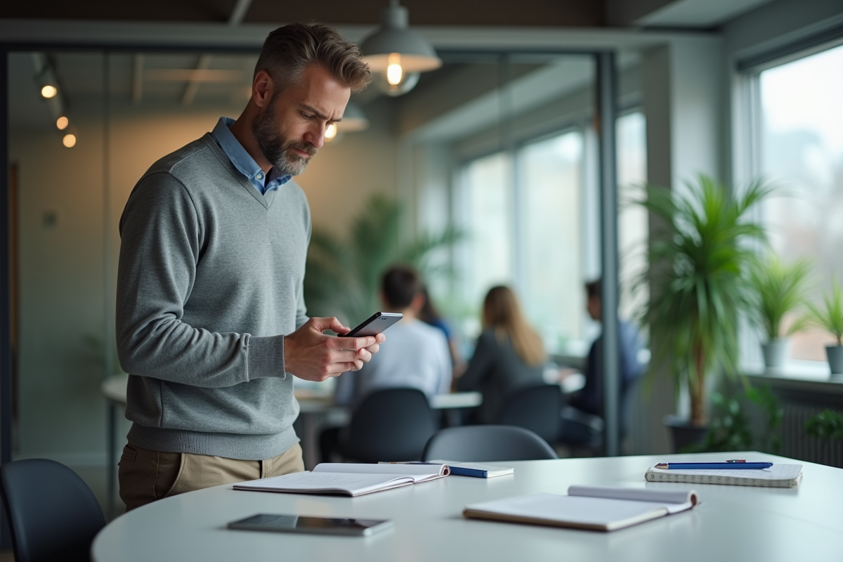 Homme dictant des notes dans un espace de coworking