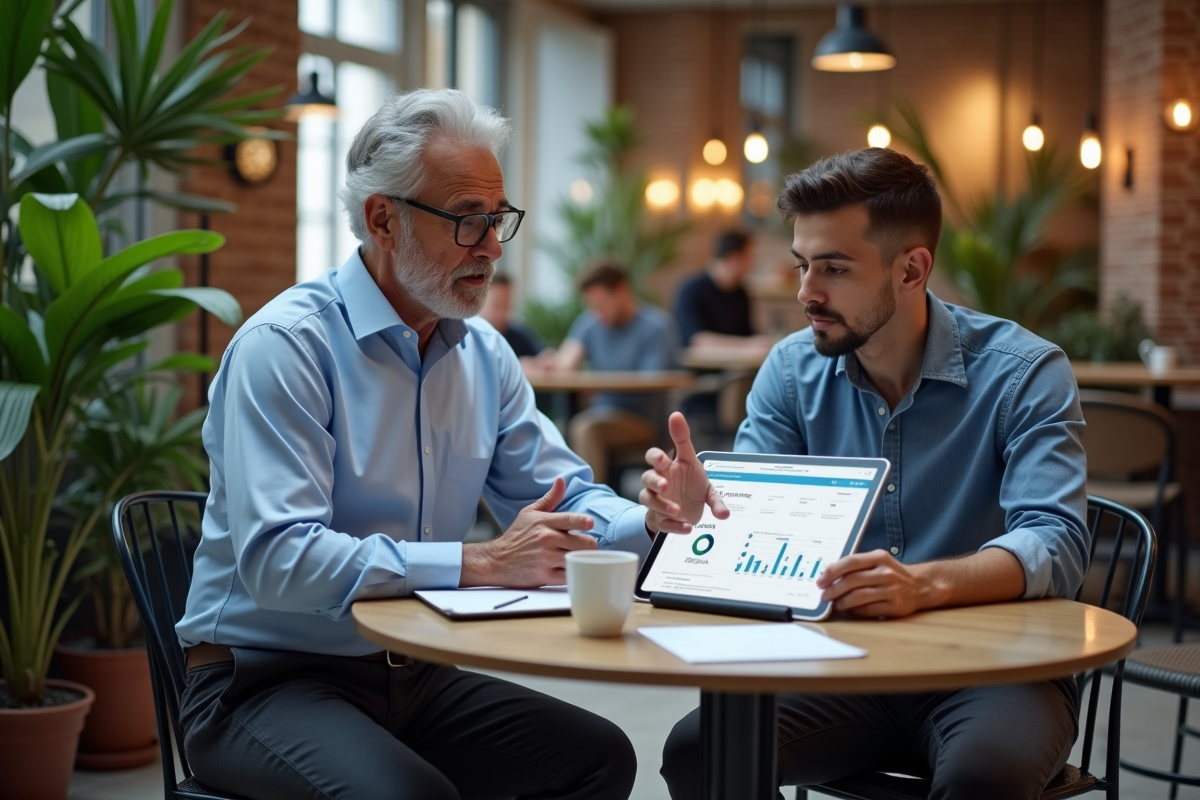 Homme discutant de prix SEO avec un collègue dans un coworking