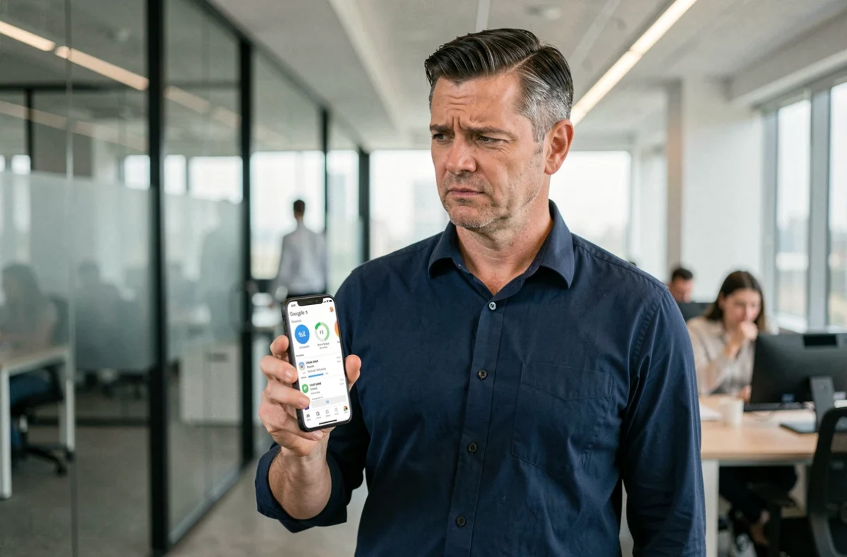 Homme d'affaires consultant les données d'activité Google sur son smartphone dans un bureau moderne, représentant la surveillance des données personnelles par les grandes plateformes numériques