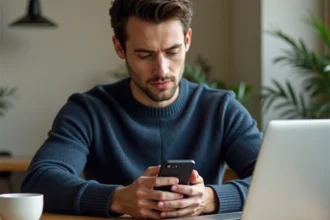Homme tenant un smartphone Google Pixel et l'évaluant avec attention dans un bureau à domicile minimaliste