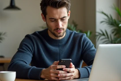 Homme tenant un smartphone Google Pixel et l'évaluant avec attention dans un bureau à domicile minimaliste