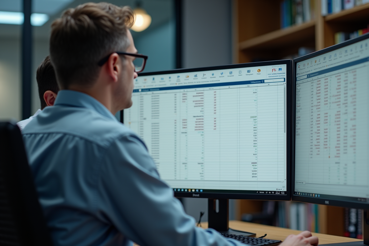 Homme expliquant des calculs de base de donnees devant un ecran Access