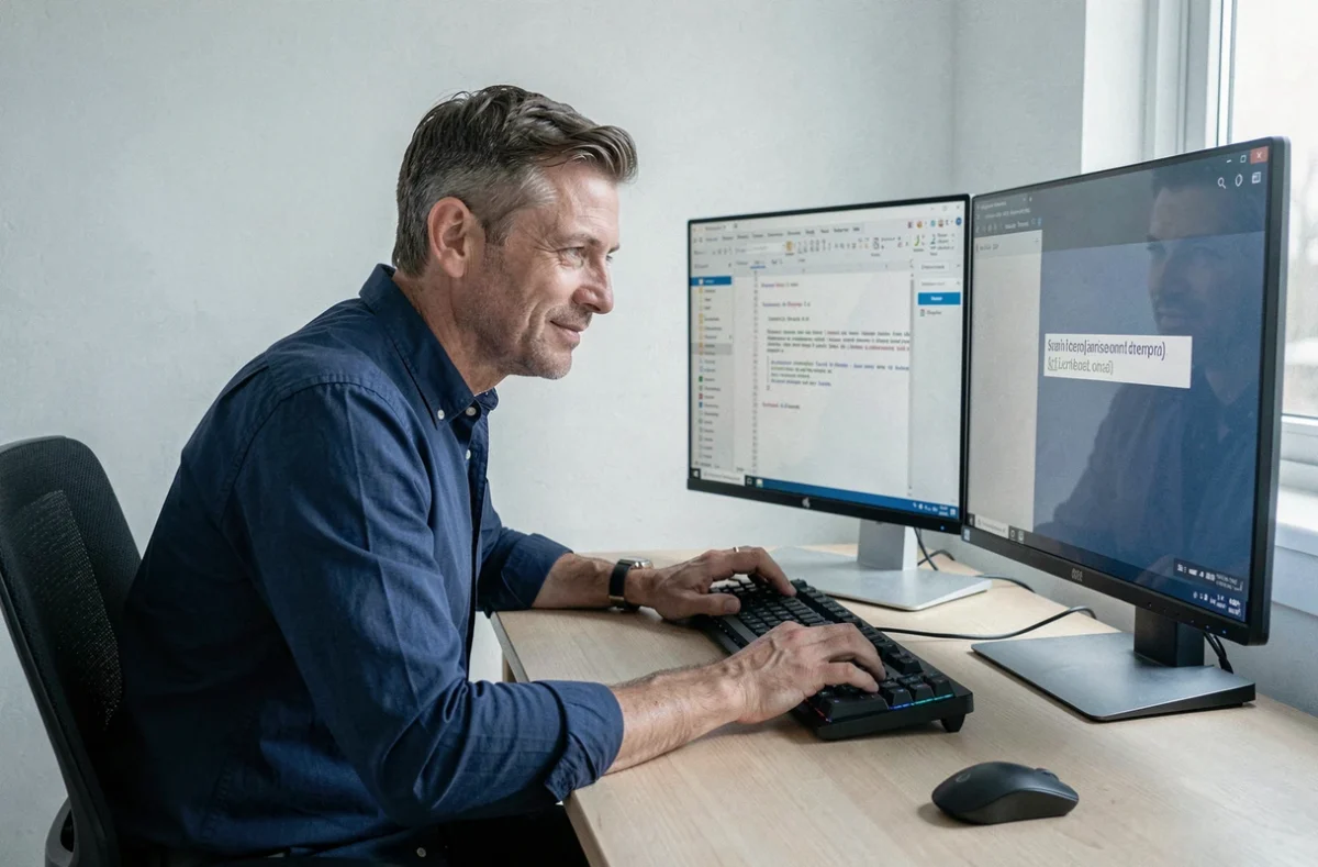 Homme en home office utilisant un clavier mécanique pour saisir un arobase dans un éditeur de texte
