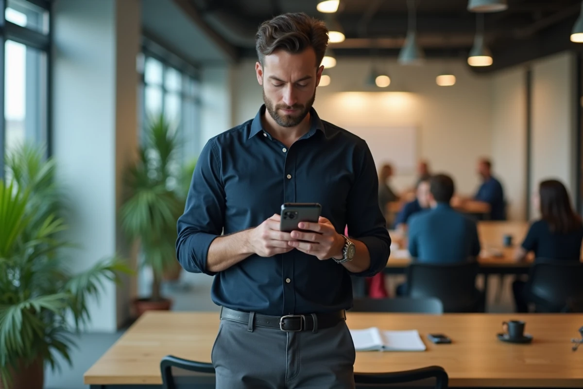 Homme lisant des actualités high-tech sur un iPhone dans un espace de coworking contemporain