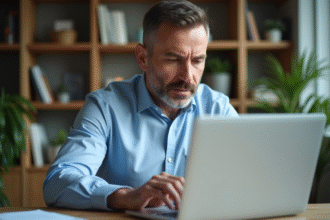 Homme d'âge moyen examinant un email sur son ordinateur portable