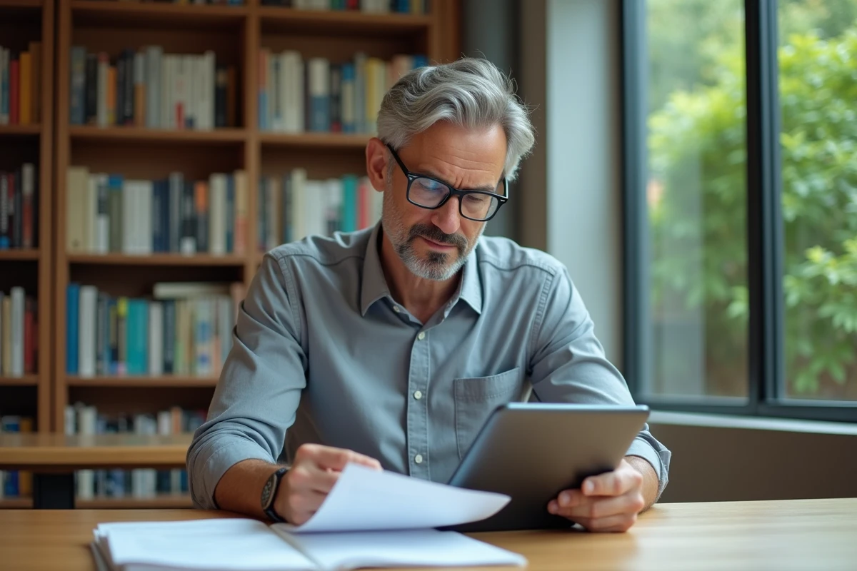 Homme lisant documents à la bibliothèque avec tablette