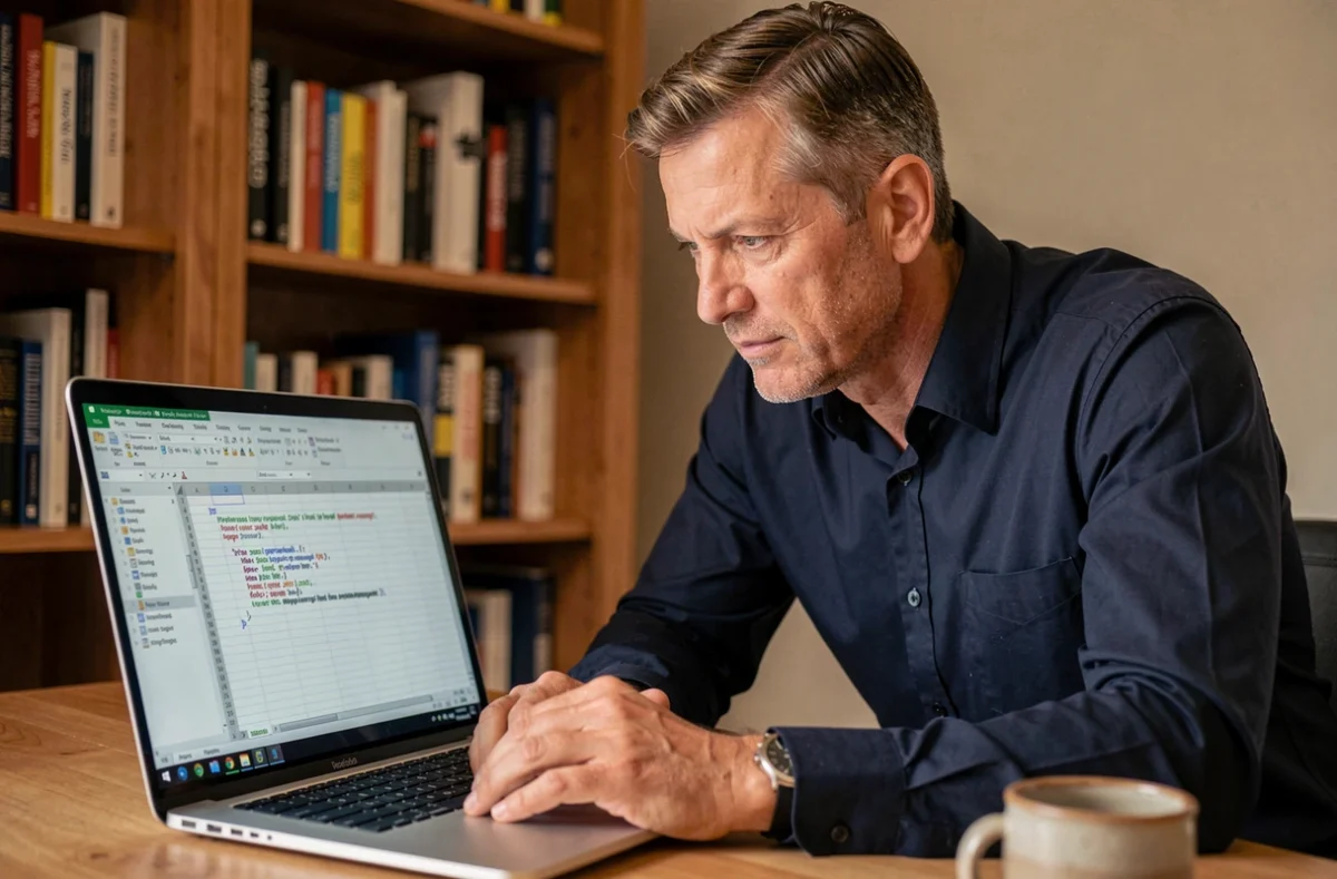 Homme développant une macro VBA dans Excel pour automatiser la suppression de lignes vides à l'ouverture d'un fichier
