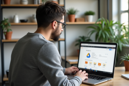 Homme en bureau moderne utilisant Google Drive