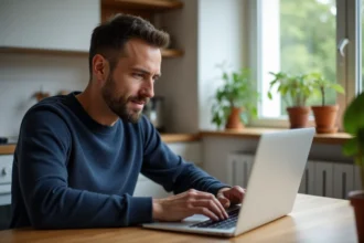 Homme utilisant un ordinateur portable dans une cuisine chaleureuse