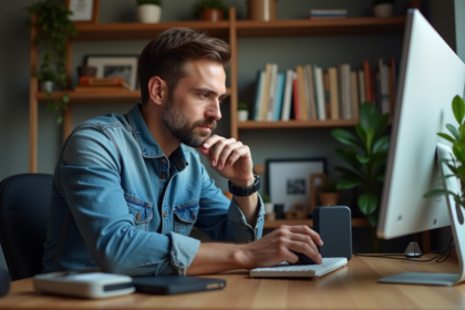 Homme d'âge moyen connectant un disque dur externe à un ordinateur de bureau dans un bureau cosy