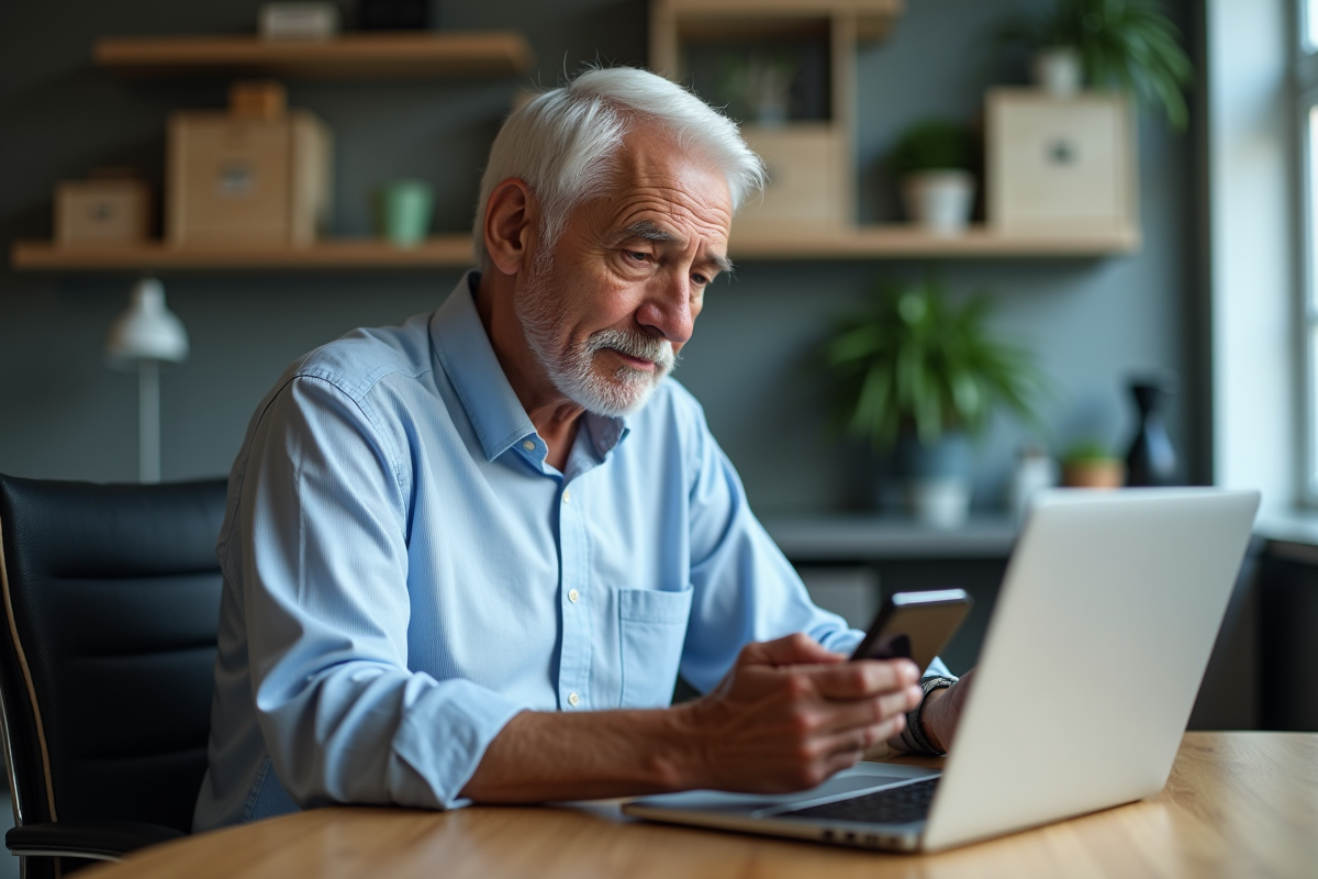 Homme âgé comparant vidéos sur son ordinateur