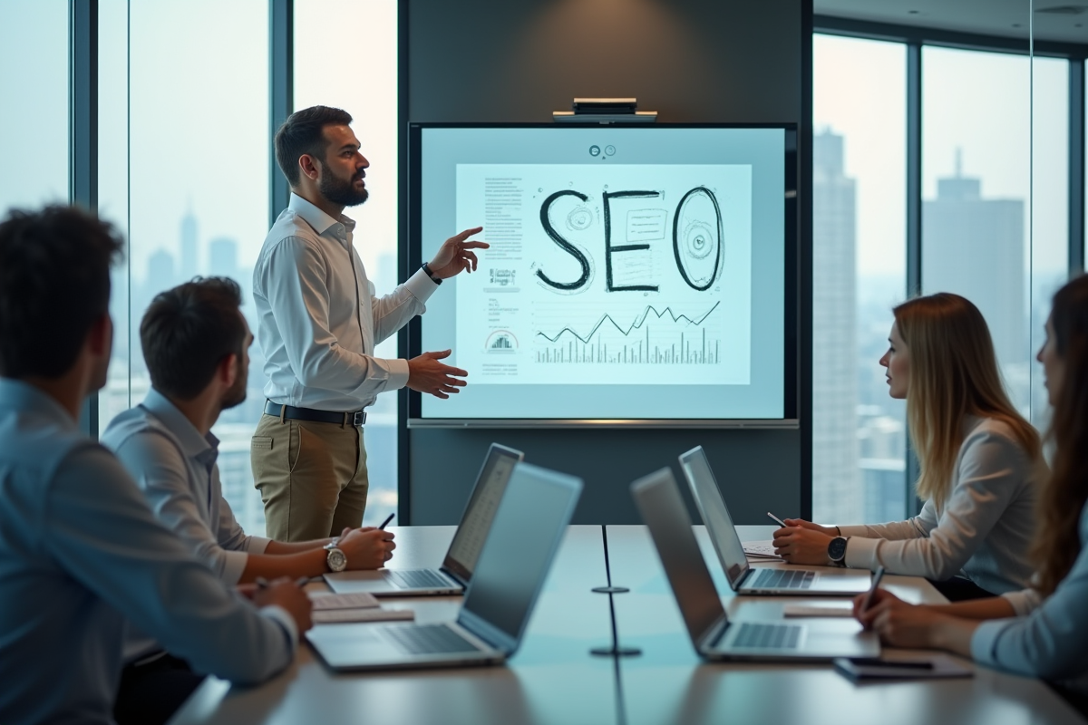 Homme en réunion expliquant une strategie SEO devant un tableau digital