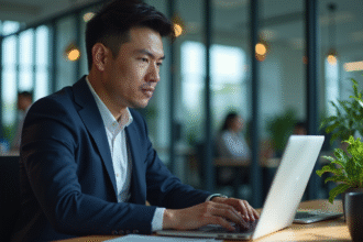 Jeune homme professionnel travaillant sur son ordinateur dans un bureau moderne