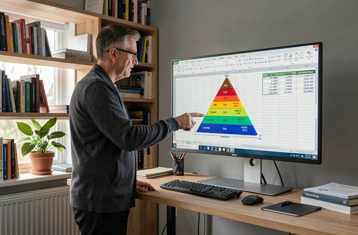 Homme en télétravail pointant une pyramide des âges colorée dans Excel affichée sur un grand écran de bureau à domicile