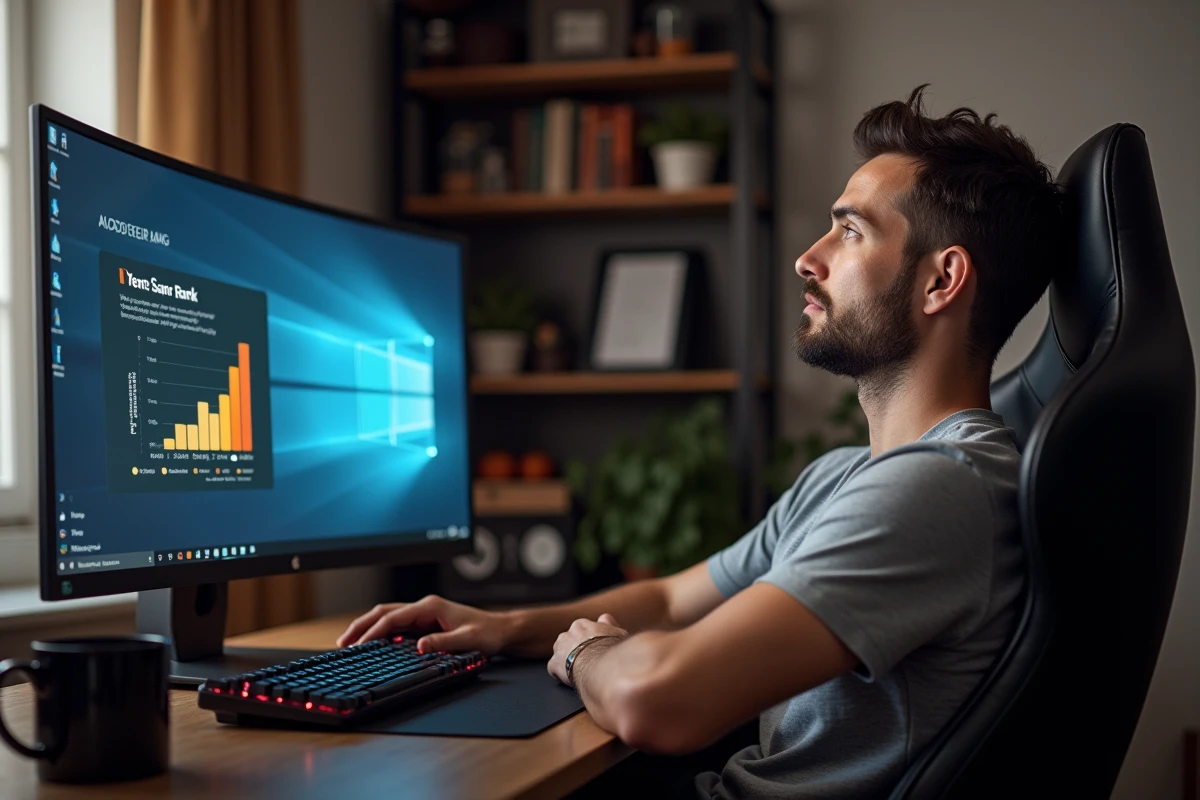 Homme adulte en pause gaming réfléchissant à son niveau de grade CS2 devant un écran comparatif