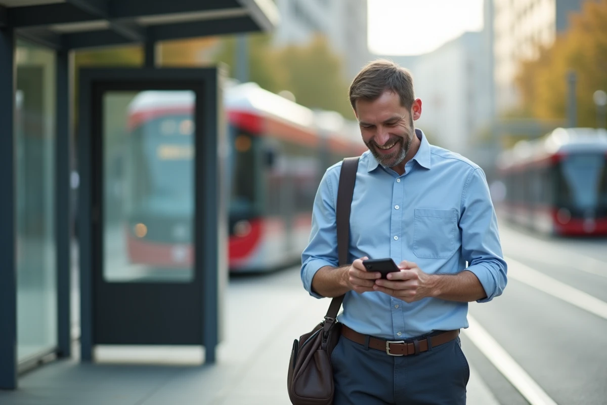 Homme souriant vérifiant son smartphone à un arrêt de tram