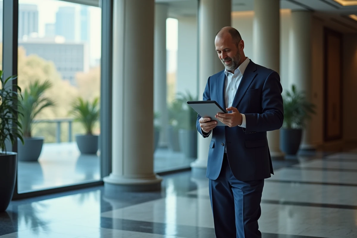 Homme en costume utilisant une tablette dans un hall moderne