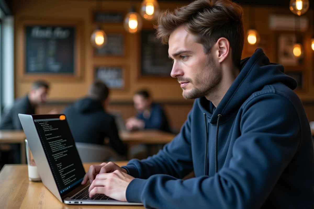 Homme en café utilisant le Terminal macOS pour supprimer les fichiers cache sur MacBook Air