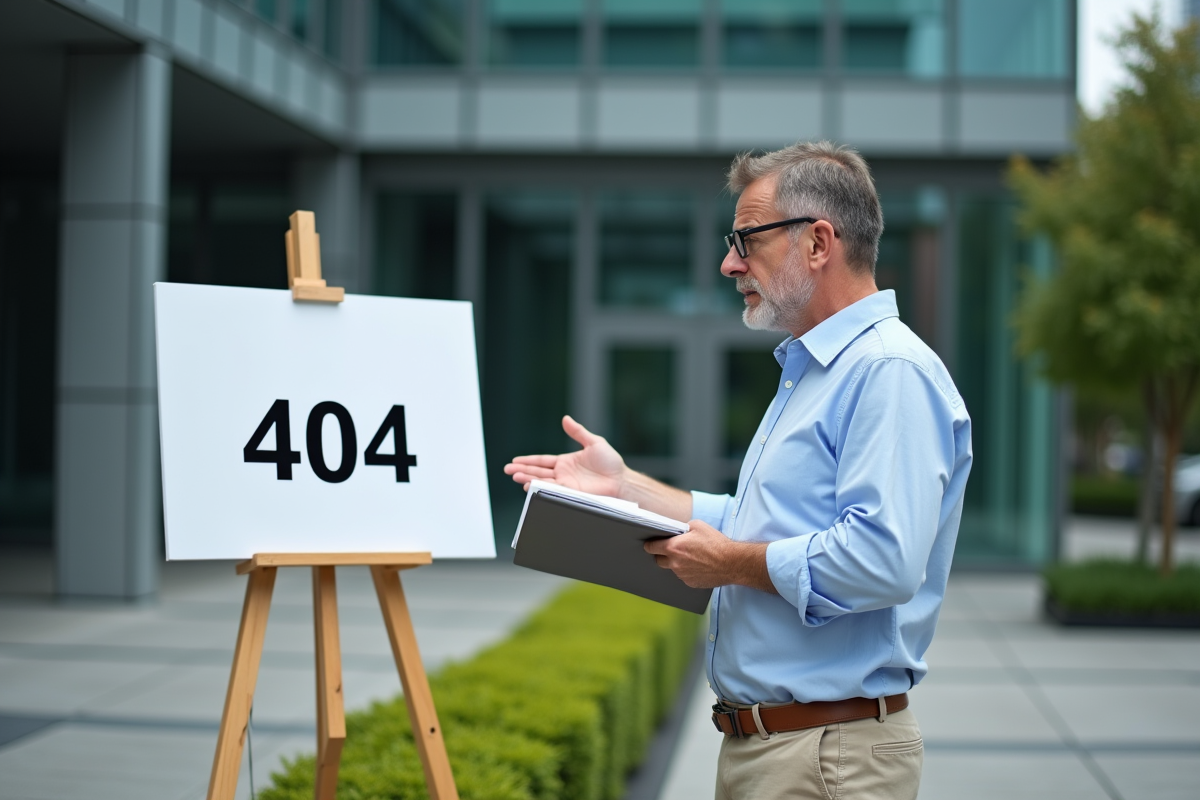 Homme avec panneau 404 dans un environnement urbain