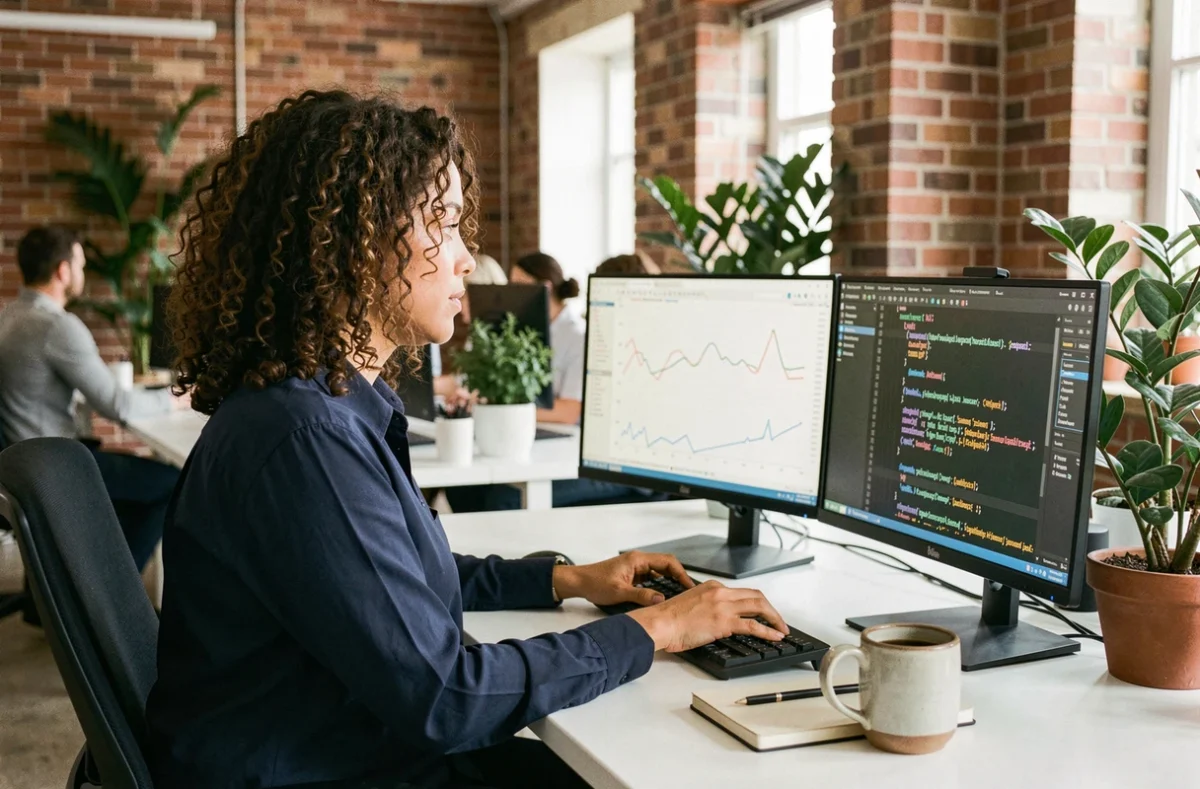 Ingénieure data analysant les performances mémoire d'un parseur XML Python sur deux écrans en bureau open-space
