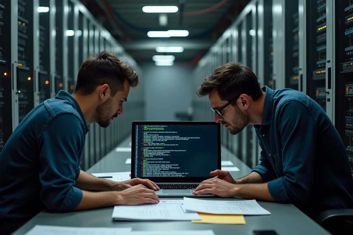 Deux ingénieurs IT collaborant sur un script de migration Personal vDisk Citrix dans une salle de serveurs