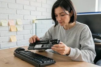 Femme inspectant un clavier QWERTY d'occasion sur un bureau en bois dans un bureau à domicile