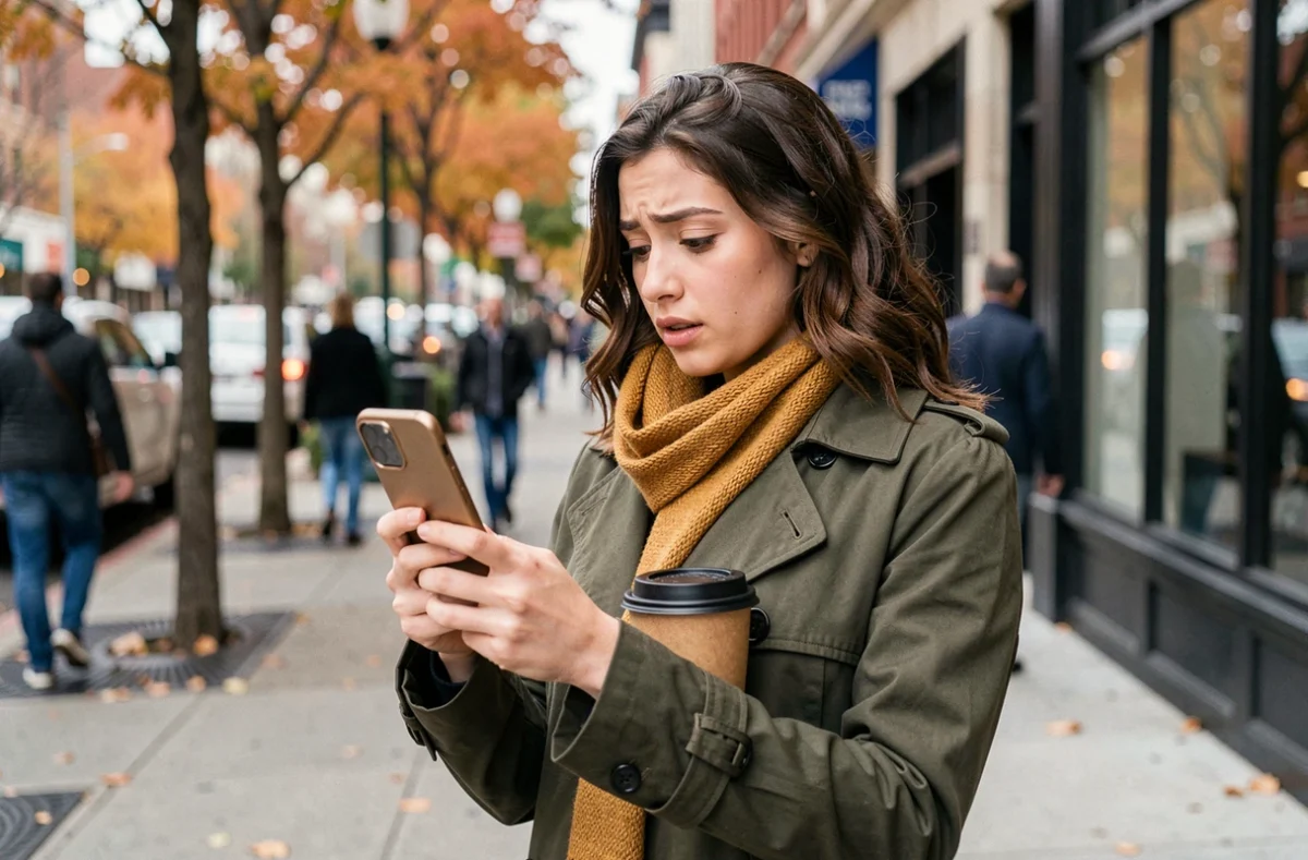 Jeune femme vérifiant un profil Instagram bloqué dans une rue de ville en automne