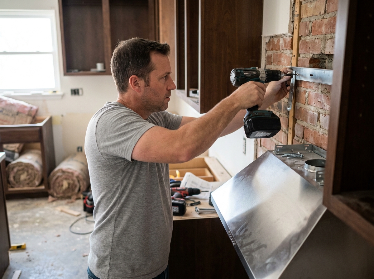 Homme en train d'installer une hotte de cuisine murale type cheminée dans une cuisine en rénovation