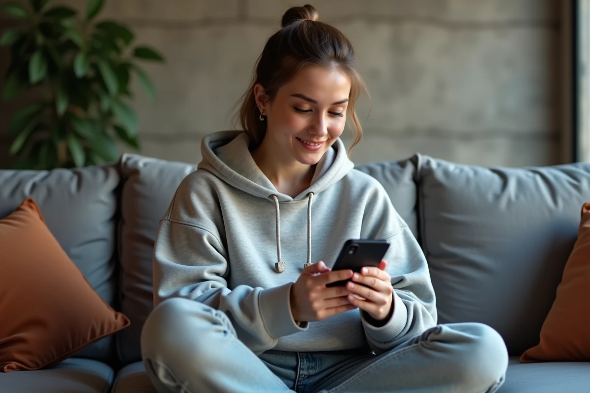 Femme installant son Samsung Galaxy S24 FE pour la première fois dans un salon moderne