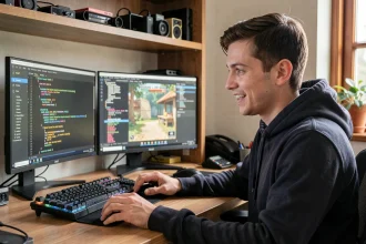 Jeune homme configurant un serveur privé de jeu sur son PC de bureau à domicile