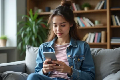 Jeune femme utilisant une application éducative sur smartphone dans un salon