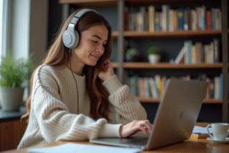 Jeune femme au bureau à domicile avec casque et ordinateur