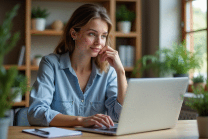 Jeune femme travaillant sur un ordinateur avec Access dans un bureau lumineux