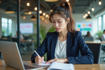 Jeune femme en bureau moderne travaillant sur son ordinateur
